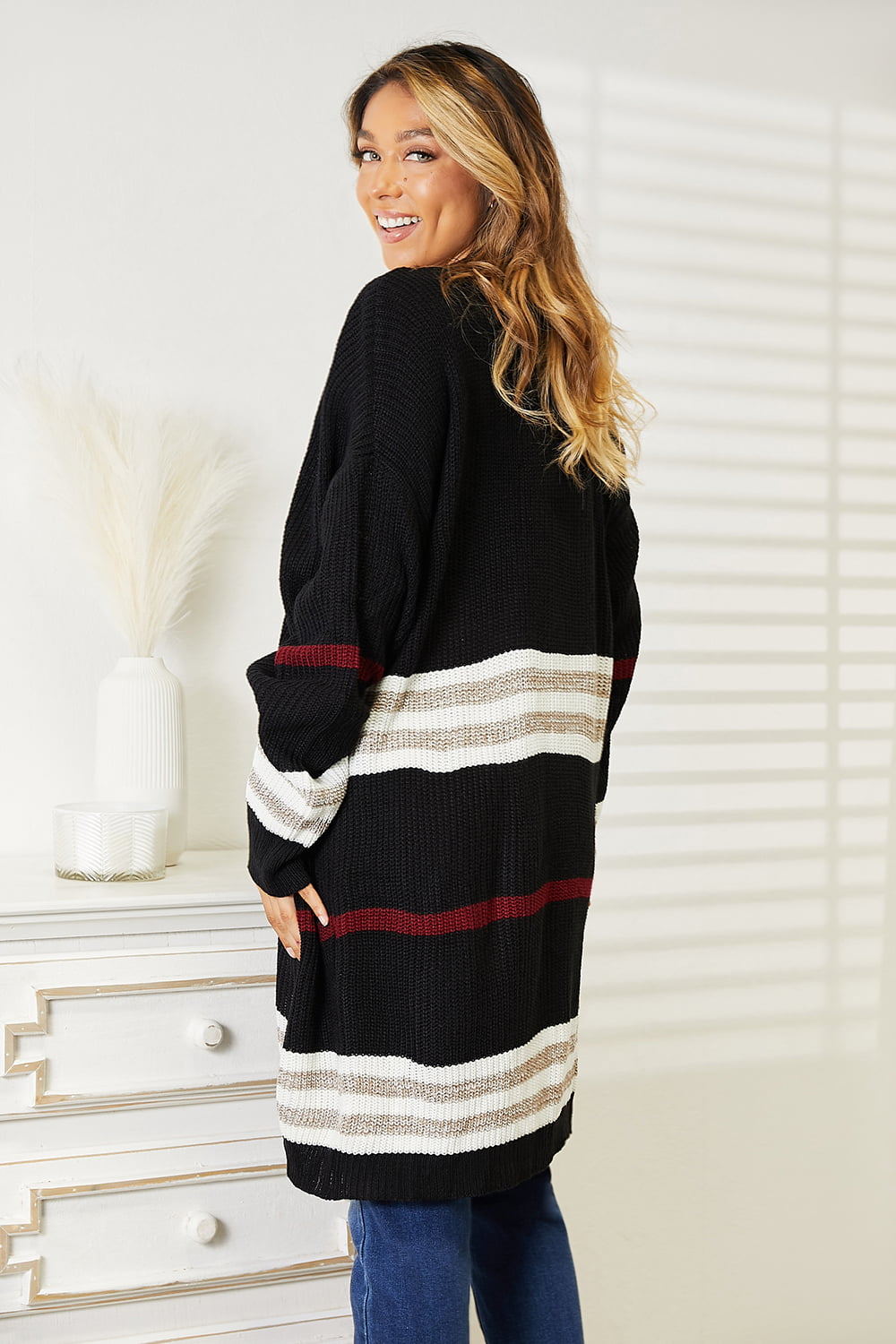 Striped Rib Knit Open Front Cardigan Sweaters RYSE Clothing Co.   