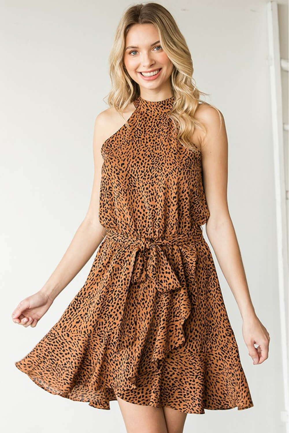 First Love Gwedolyn Leopard Belted Mini Dress  RYSE Clothing Co. Mocha S 