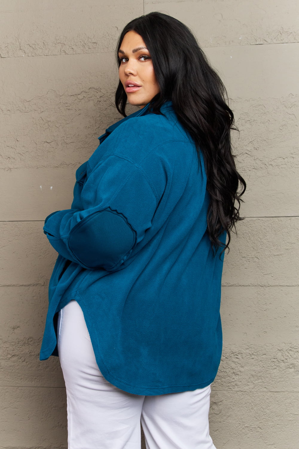 Zenana Fleece Elbow Patch Shacket in Teal Shirts & Tops RYSE Clothing Co.   