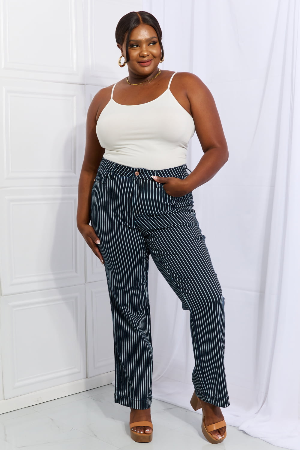 Judy Blue High Waist Tummy Control Striped Straight Jeans Pants RYSE Clothing Co.   