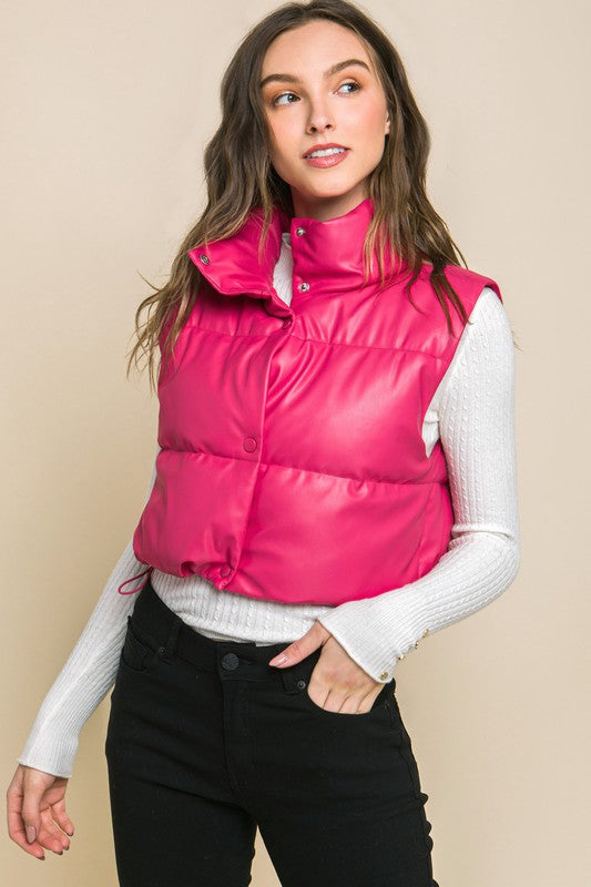 Love Tree Vegan Leather Cropped Puffer Vest vests RYSE Clothing Co. FUCHSIA S 