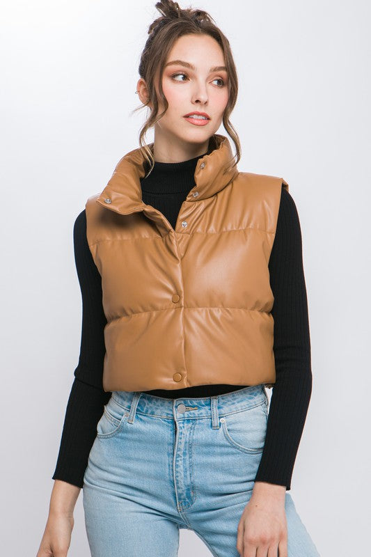 Love Tree Vegan Leather Cropped Puffer Vest vests RYSE Clothing Co. CAMEL S 