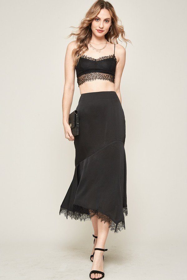 Promesa Lace Trim Midi Skirt Knee-Length Skirts RYSE Clothing Co. S Black 