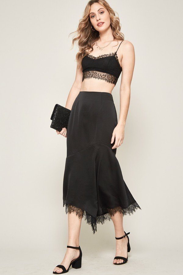 Promesa Lace Trim Midi Skirt Knee-Length Skirts RYSE Clothing Co.   