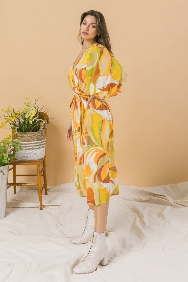 Flying Tomato Abstract Print Surplice Midi Dress Dresses RYSE Clothing Co.   