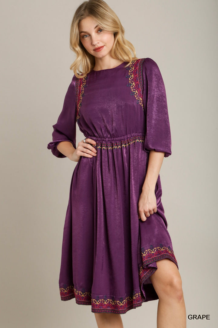 Umgee Satin Embroidered Midi Dress Dresses RYSE Clothing Co. Purple S 